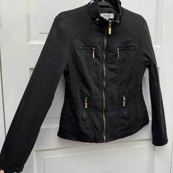 Charlotte Russe Black Moto Jacket Gold Zip Snap Collar M - Picture 3 of 11